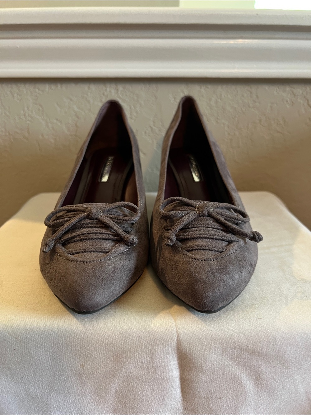 BCBGeneration Pointed Toe Suede Bow-Accent Women's Wedge in Gray/Brown